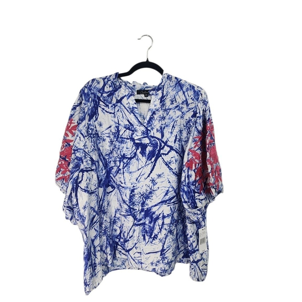 Calessa Embroidered V-Neck Blouse Womens 2X‎ Blue White New